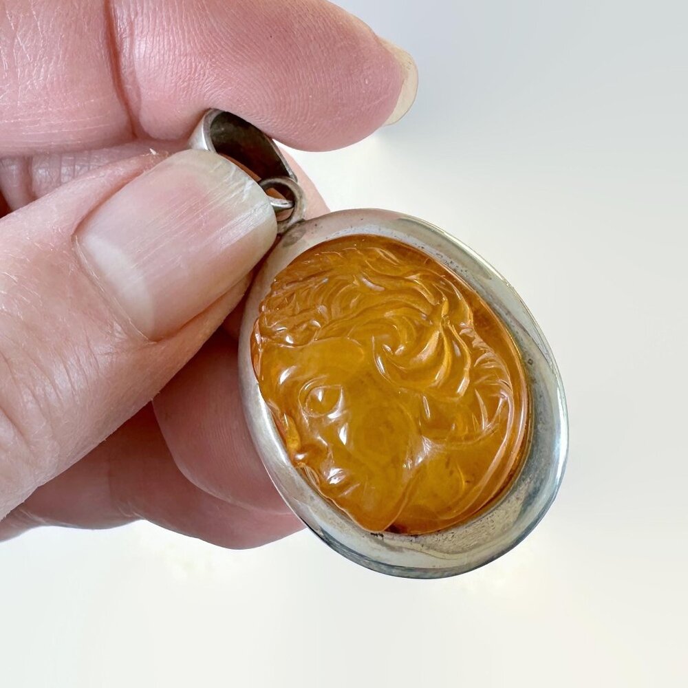 Amber Pendant, Carved, Cameo, Face, Lady, Vintage, Sterling Silver, Honey Amber
